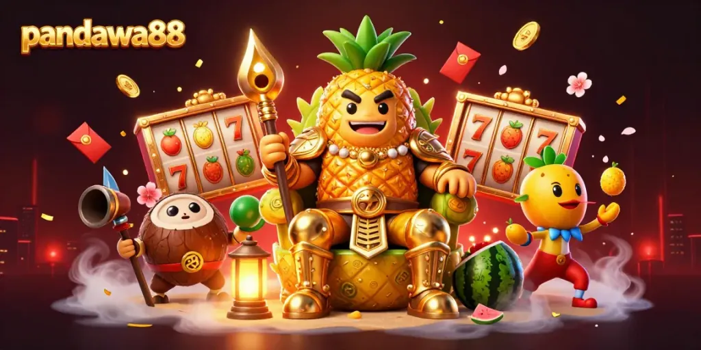 Gambarkan pandawa88 dalam aksi bermain slot dengan karakter kartun di kasino pantai.