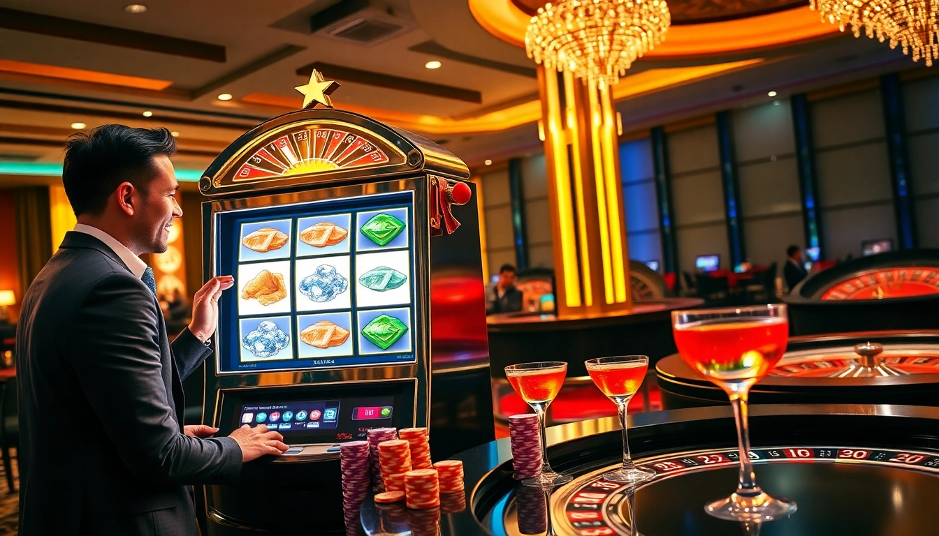 Exciting players enjoying a slot online experience in a luxurious casino atmosphere.