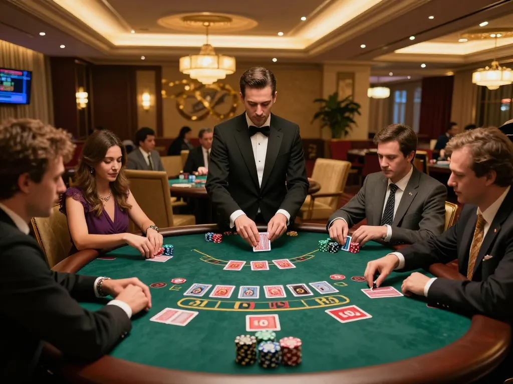 Players strategizing at a QQALFA blackjack table, showcasing immersive casino gameplay.