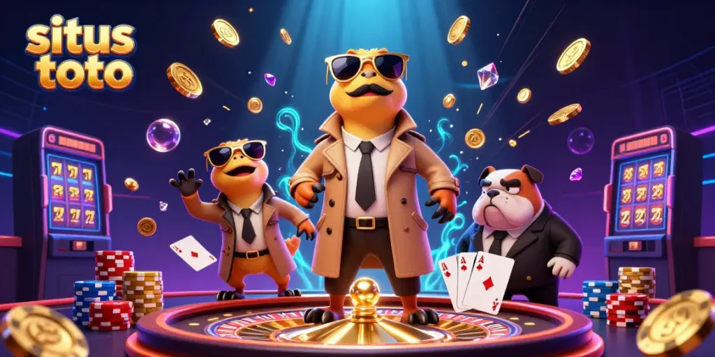 Experience situs toto through a fun 3D cartoon scene with raptors entering a VIP casino lounge, surrounded by casino excitement.