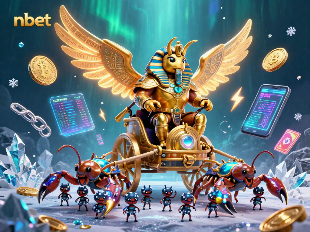 Experience the thrill of nbet with a colossal golden scarab and vibrant cryptocurrency elements.