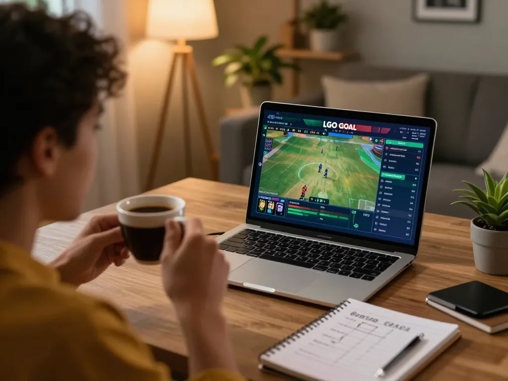 Person enjoying online sports betting on laptop, exploring LGO GOAL options with strategy notes nearby