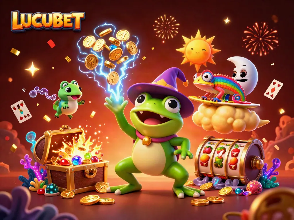 LUCUBET showcases a vibrant 3D illustration of a whimsical scene with a frog wizard and chameleon amidst a storm of golden coins.