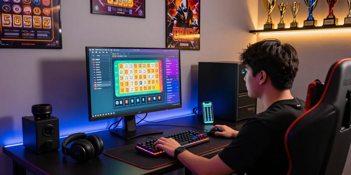 Pemandangan ruang permainan modern dengan individu bermain toto togel di meja gaming yang stylish.
