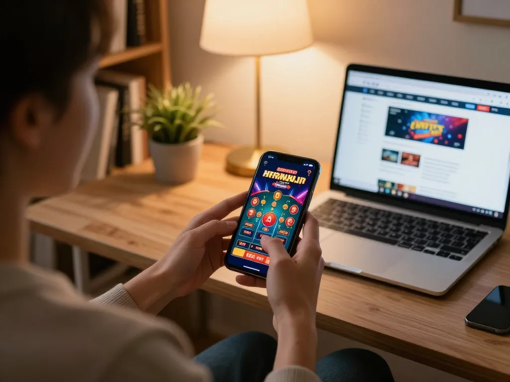 Engaging in mobile gambling with Garansi Kekalahan on a stylish smartphone in a cozy home environment