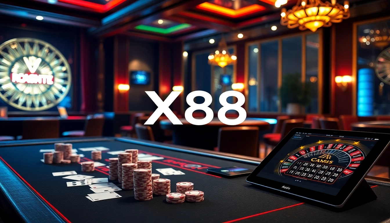X88 gaming experience at a luxurious casino table with poker chips and cards.