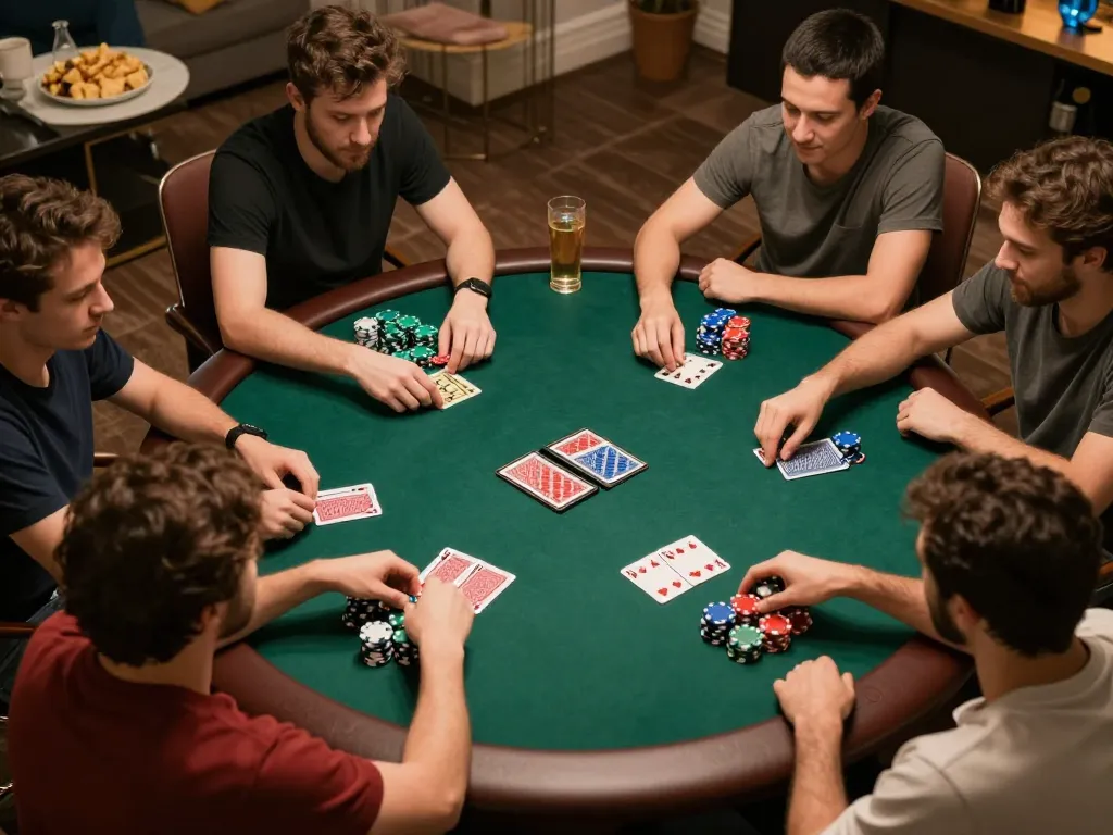Pemain LGO99 membuat keputusan strategis dalam permainan poker di rumah dengan chip dan kartu di meja.