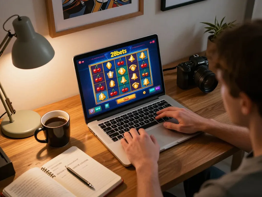 Player immersed in online gaming on the 28bets casino platform with vibrant slot visuals and strategic notes.