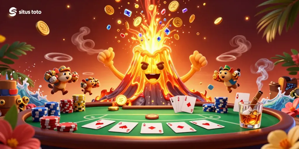 Experience thrilling action with situs toto as the golden volcano erupts treasures amidst poker excitement.