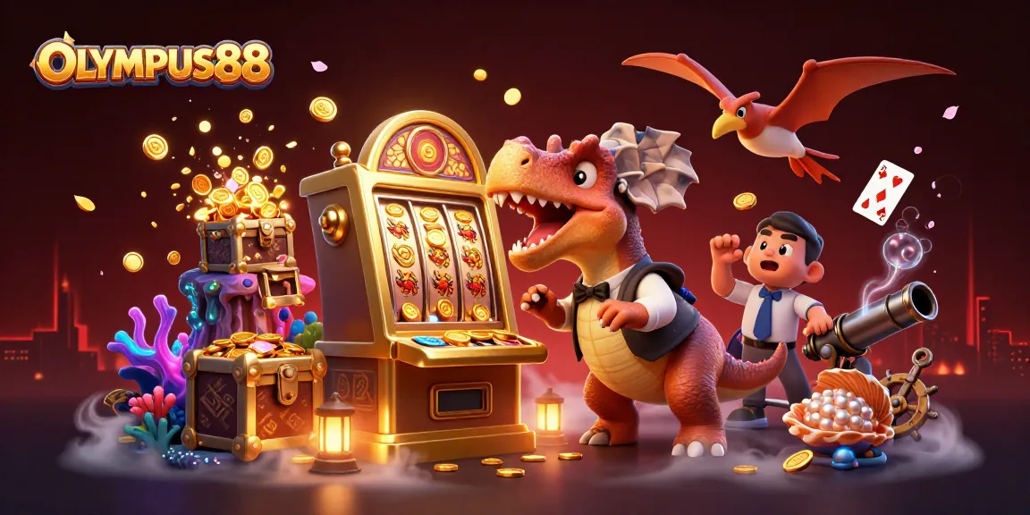OLYMPUS88 menampilkan dinosaurus kartun beraksi di mesin slot emas sambil menang jackpot!