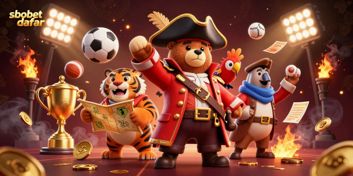 SBOBET daftar showcases a vibrant 3D illustration of a pirate bear with a tiger first mate and sports elements for online gambling.