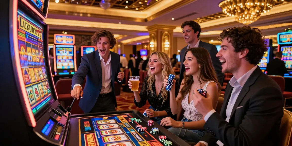 Keseruan bermain slot LUXURY777 di kasino mewah dengan teman-teman, suasana penuh energi dan kegembiraan.
