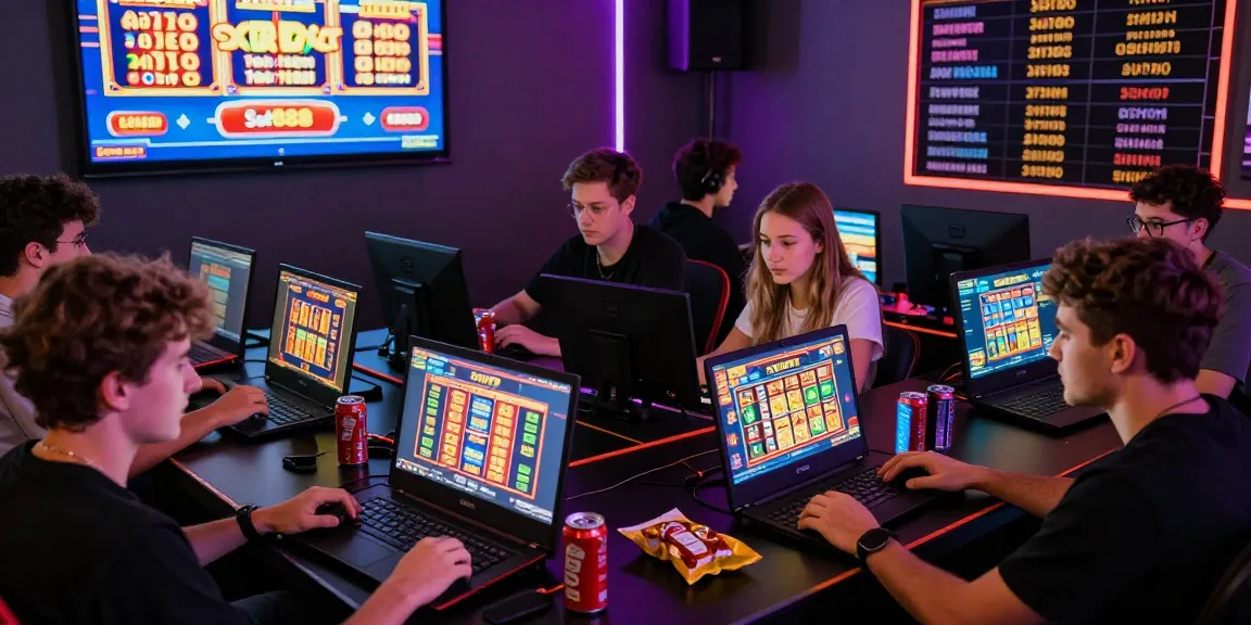 Diverse group of players engaging in slot jackpot games, illuminated by vibrant screens and ambient lighting.