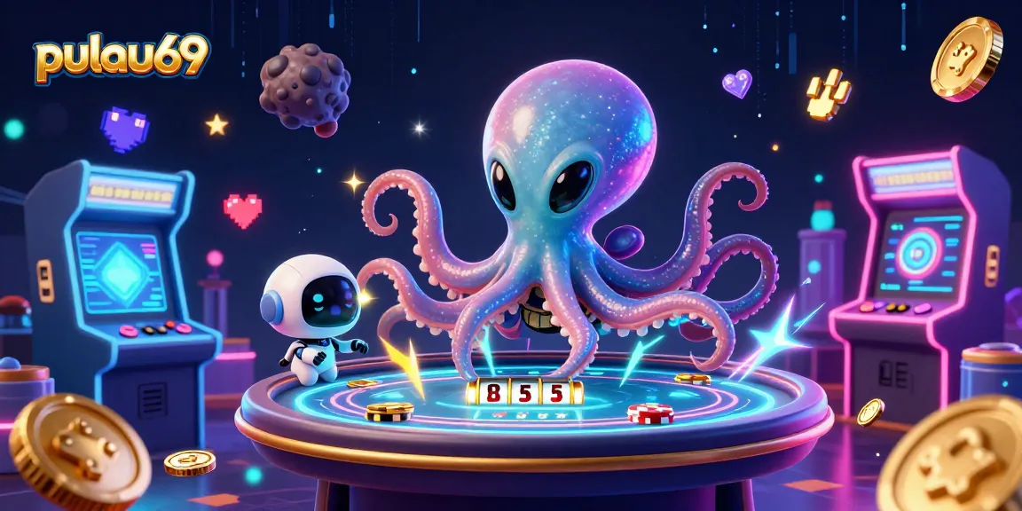 Engage with pulau69's thrilling gaming experience featuring an alien octopus at a futuristic poker table.