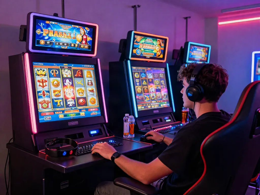 Permainan slot online NAGAHOKI303 dengan pemain serius memperhatikan simbol yang berputar.
