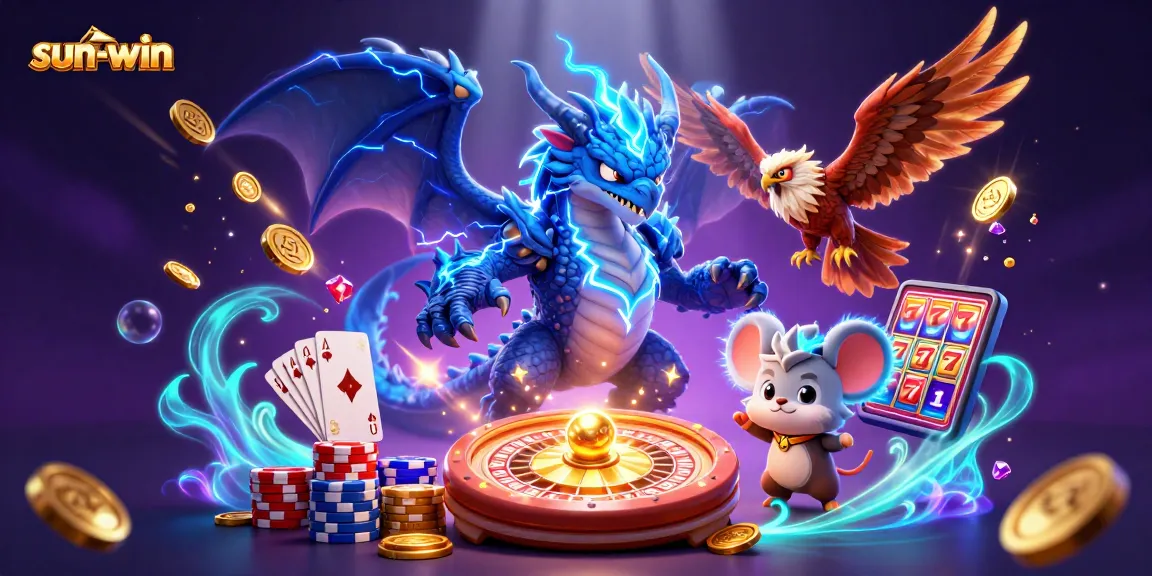 Win big with sun-win: A vibrant, action-packed illustration of casino excitement and luck.