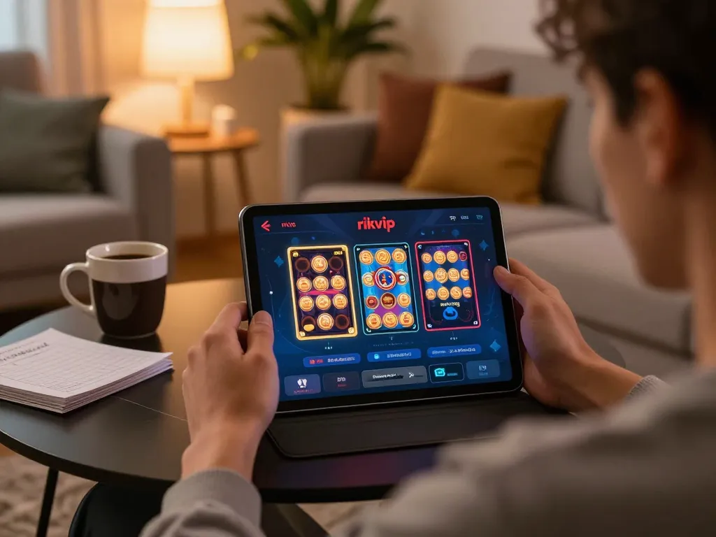 Engaging user playing with the rikvip app in a cozy home setting, showcasing responsible gaming.