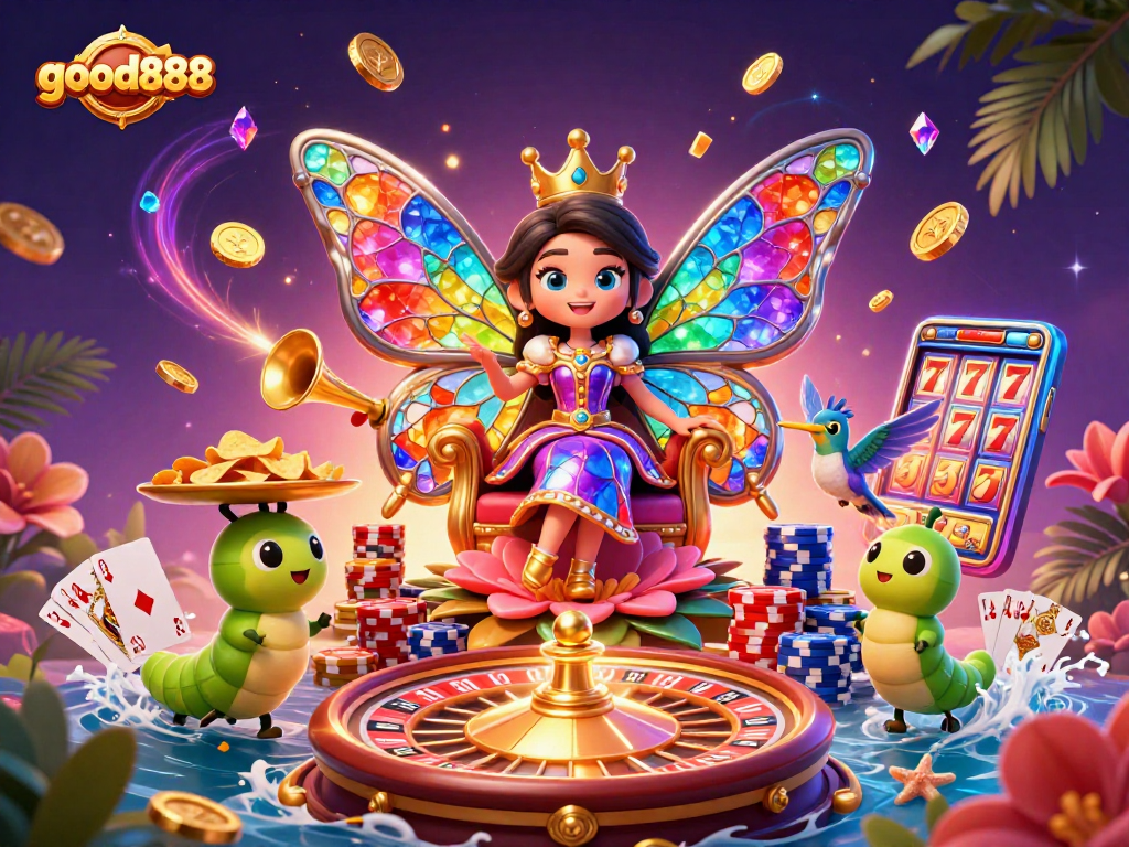 Spin the reels at good888, capturing the excitement of casino gaming with vibrant characters.