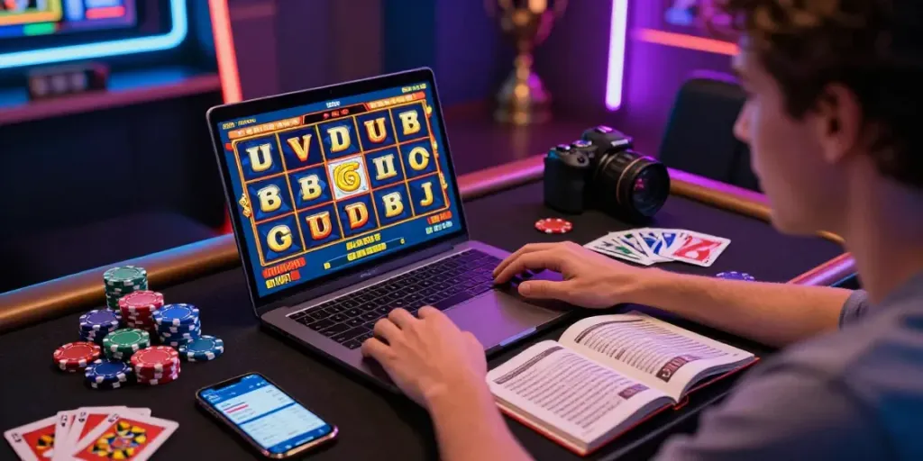 A player experiencing excitement in the online gambling scene with jebol wd symbols on the screen, chips, and a winning atmosphere.