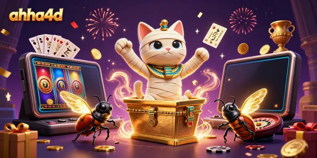 Gambarkan keseruan bermain di ahha4d dengan kucing mummy 3D dan permainan kartu di kasino.