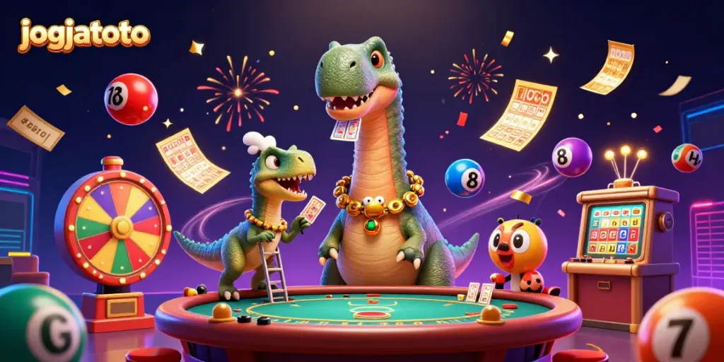 Experience vibrant excitement at jogjatoto with a whimsical casino scene featuring dynamic game elements.