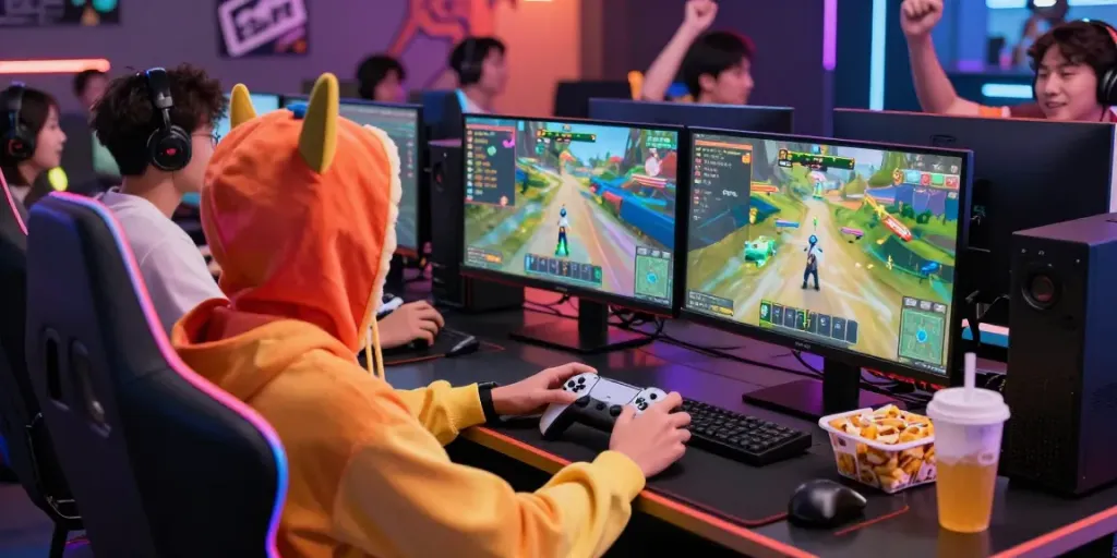 Natunatoto: Pemain game online berkostum bersemangat dalam lingkungan digital