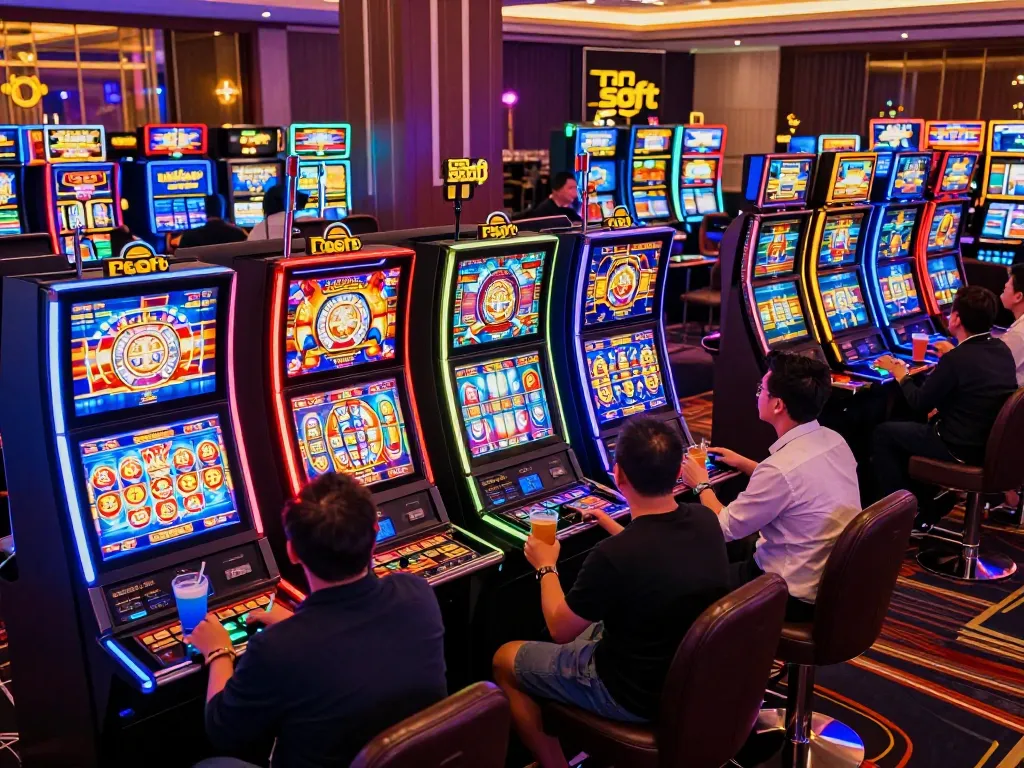 Pemain menikmati mesin slot yang cerah sambil menjelajahi pg soft buka informasi mahjong ways 2 di bawah lampu neon.