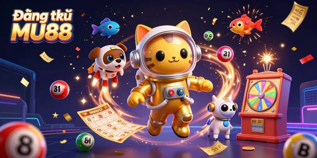 Engage with Đăng ký MU88 and win exciting prizes in this vibrant casino-themed 3D scene.