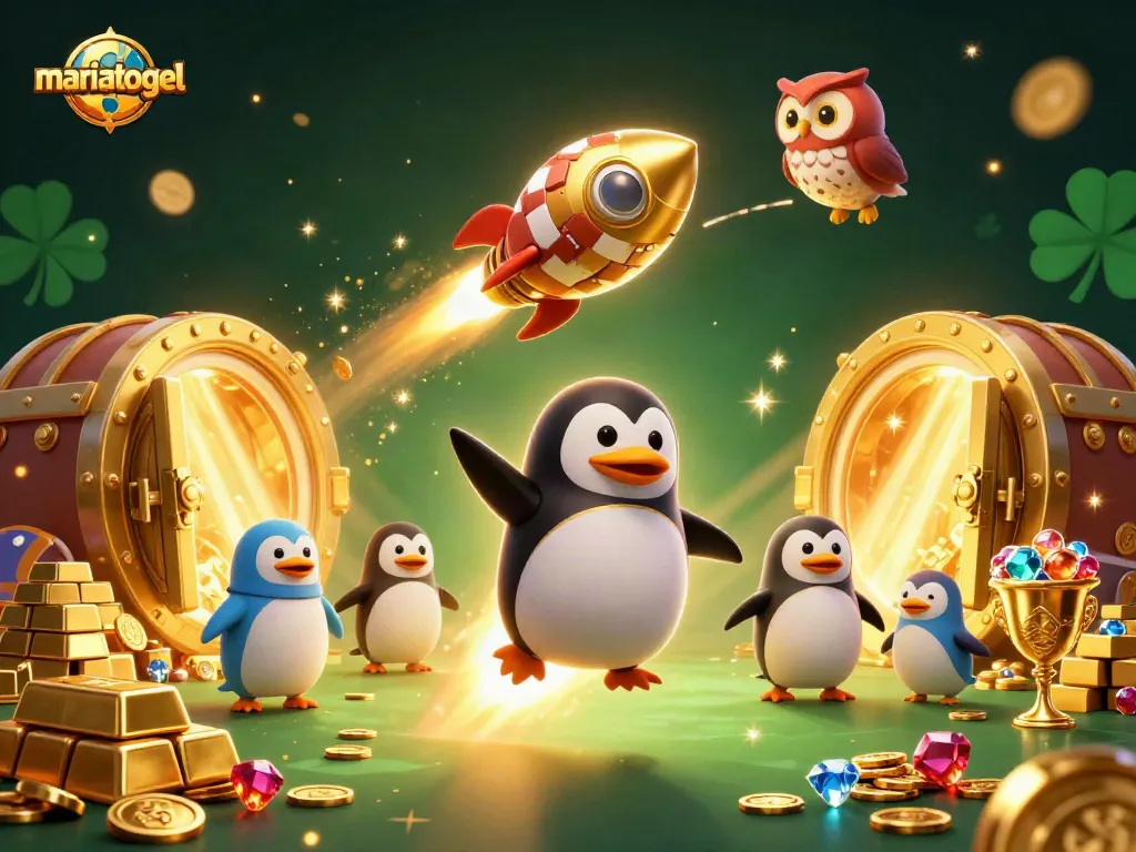 Play at mariatogel with a 3D golden penguin racing towards the ultimate casino treasure.