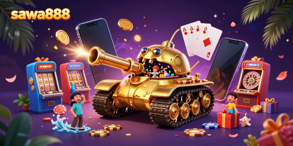 Sawa888 showcases an exciting casino scene with a golden beetle tank and slot games, bringing joy and fun.