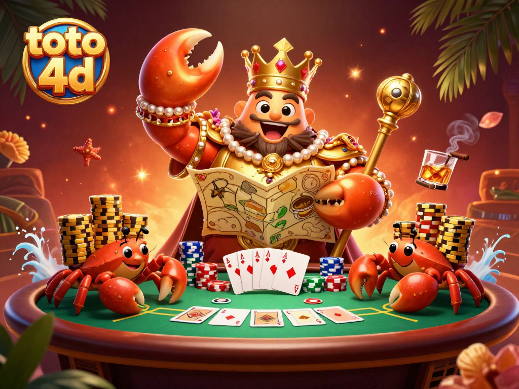 Toto 4D menampilkan kepiting emas 3D mega yang memegang peta harta dan scepter, dikelilingi elemen kasino.