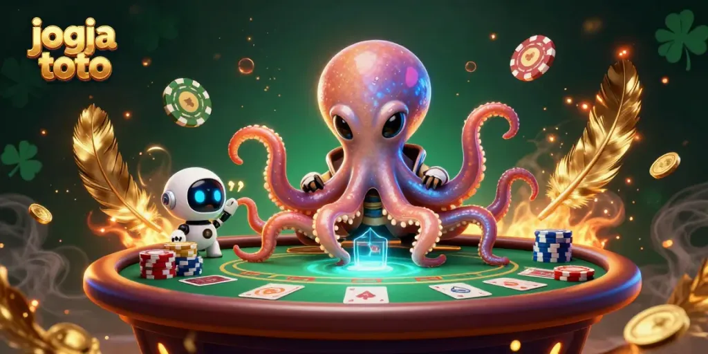 Experience the thrill of jogja toto with an alien octopus dealer at a vibrant poker table.