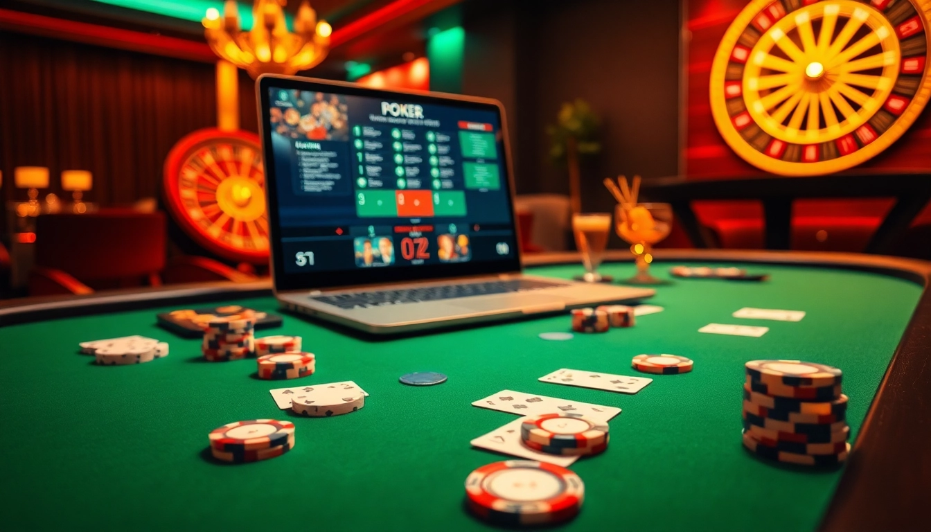 Play poker online in a vibrant casino setting with luxurious details and engaging visuals.