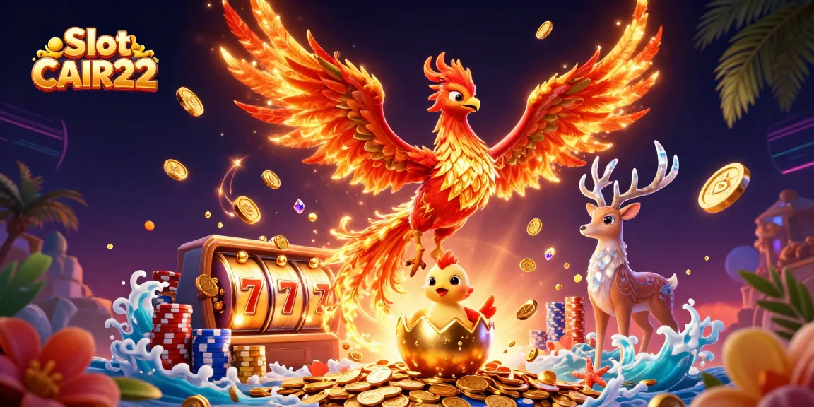 Spin the reels with slot online CAIR22 while golden coins and gems cascade around a phoenix and stag.