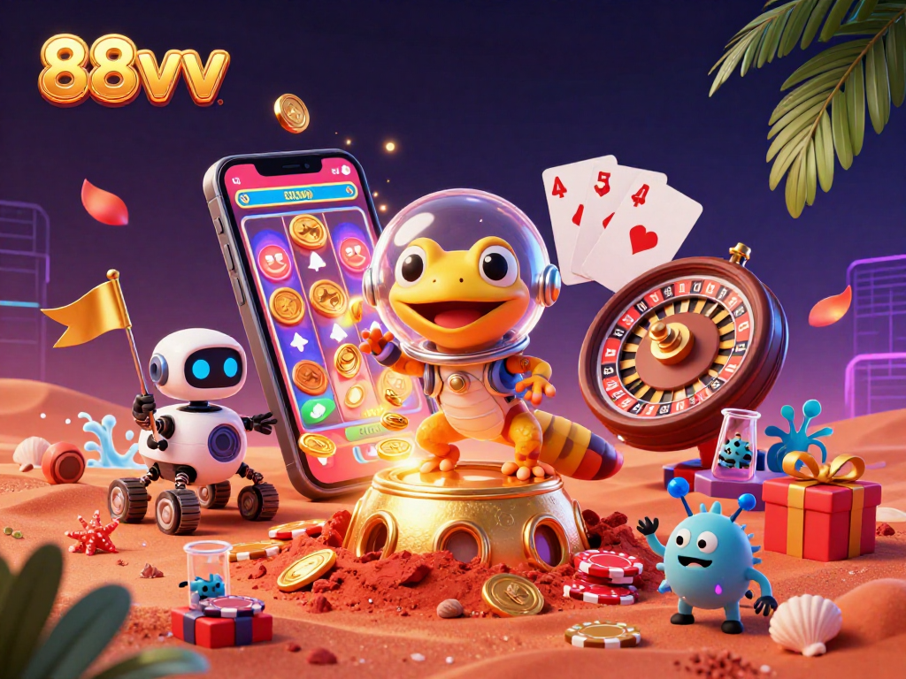 Play colorful slots in the vibrant 88vv casino, where Martian gecko and robots celebrate wins.