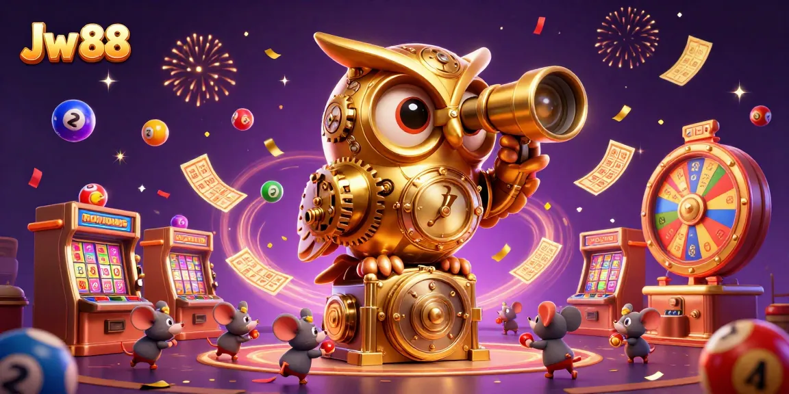 Experience thrilling gameplay at Jw 88 with a lively scene filled with slot machines, lottery balls, and celebratory effects.