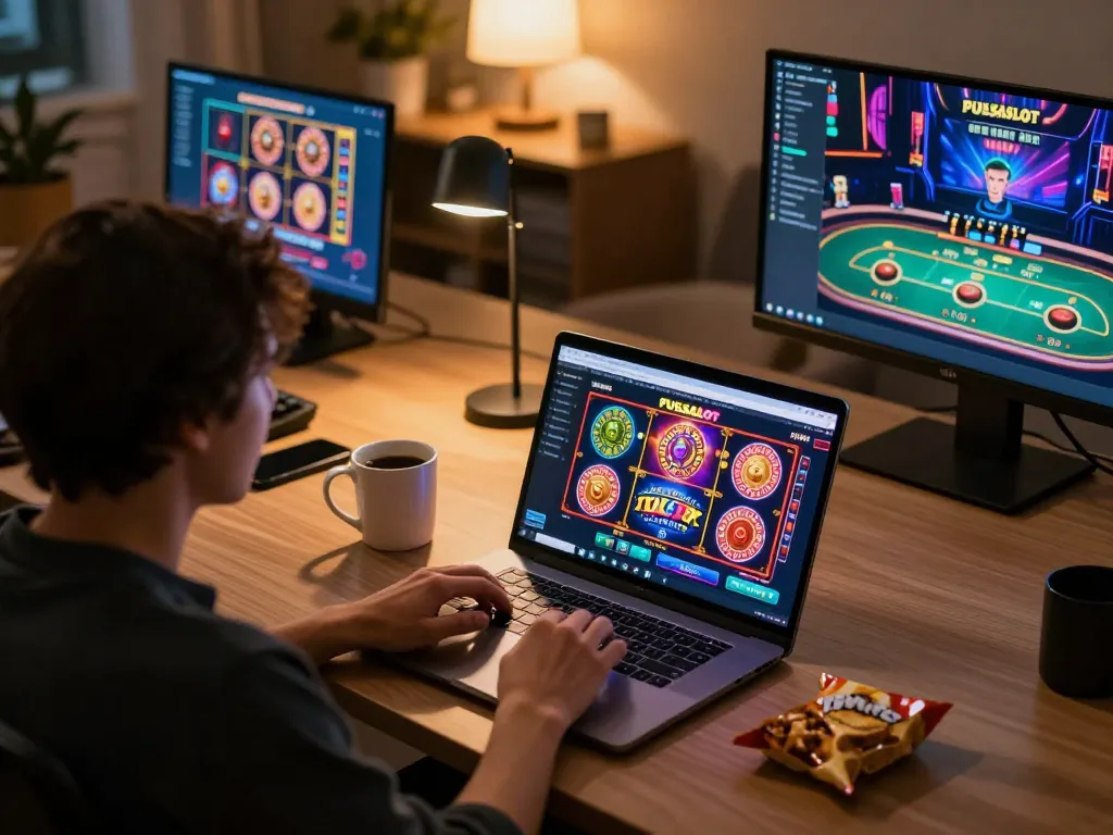 PULSASLOT online gaming session showing vibrant games on a laptop screen with snacks.
