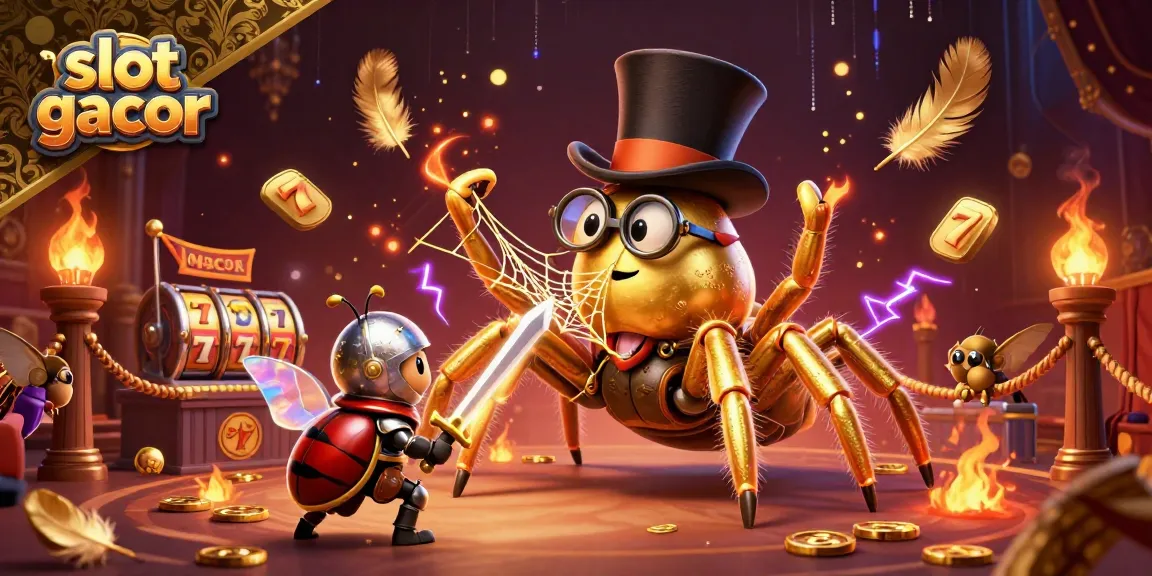 Menang di slot gacor dengan ilustrasi kasino yang penuh warna dan elemen bermain yang menarik.