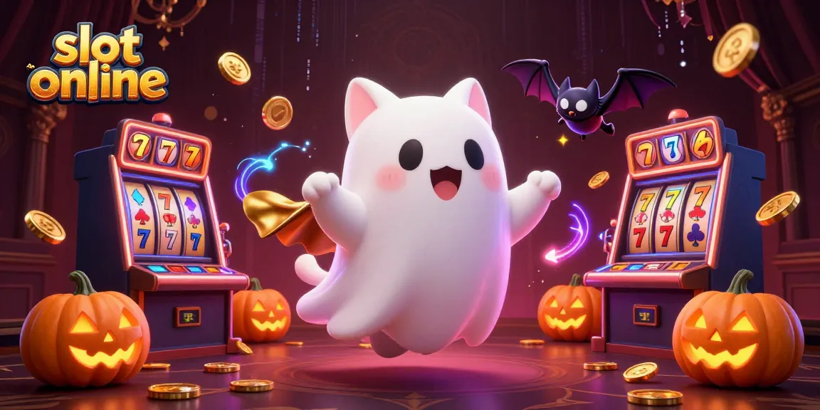 Slot online dengan kucing hantu 3D dan vampir kecil di kasino yang menakutkan, permainan slot bersinar secara dinamis.