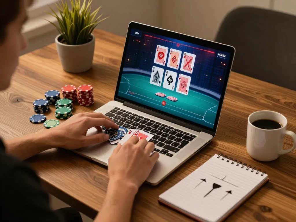 Player engaged in online poker game on link ga28 gaming site with focused strategy notes