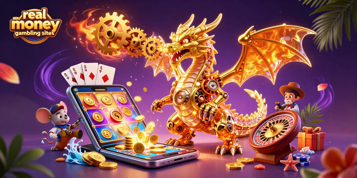 Engage with real money gambling sites through this vibrant casino-themed illustration featuring a dragon and a mouse engineer.