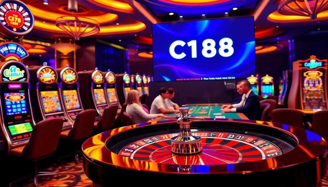 C168 casino excitement with poker players and vibrant slot machines in a luxurious setting.