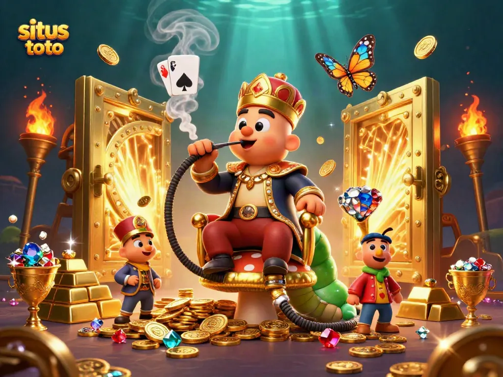 Menjelajahi situs toto dengan ilustrasi 3D yang menampilkan karakter menyerupai raksasa ulat dalam suasana kasino yang kaya permainan