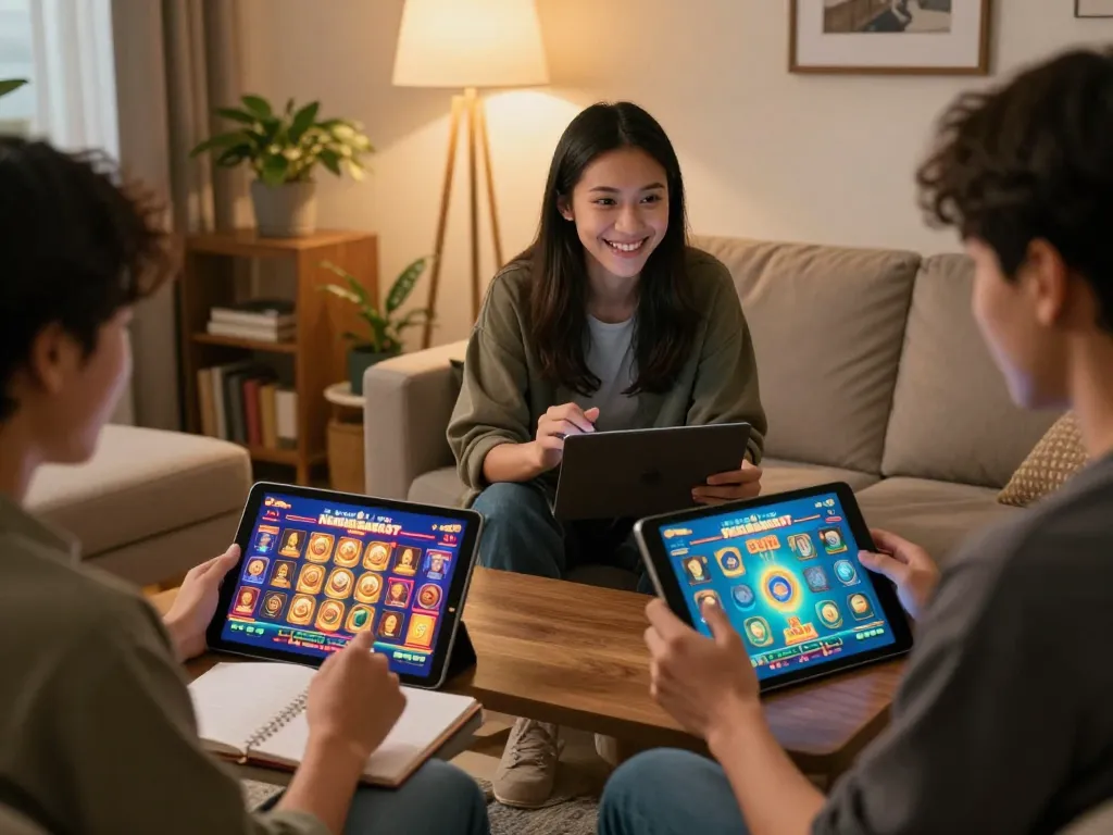 Players enjoying kerajaanslot online gaming on tablets in a cozy living room