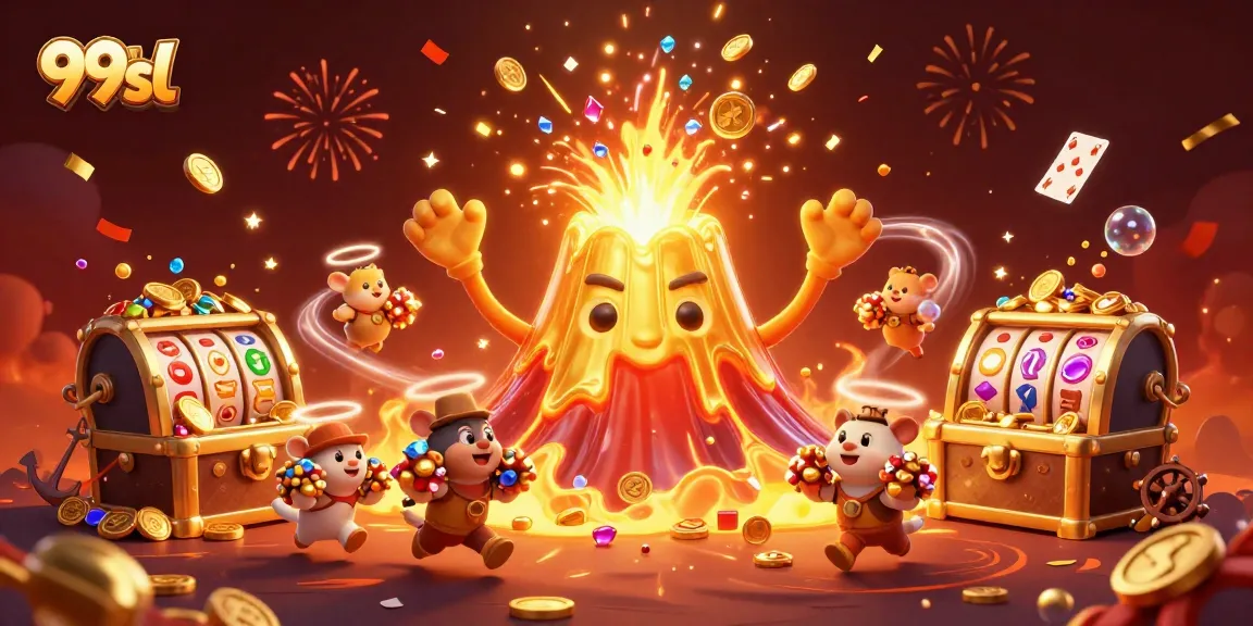 Experience unmatched excitement with 99sl's triumphant golden volcano showering coins and gems in a vibrant casino scene.