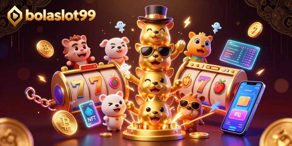 Bolaslot99 showcases thrilling slot gaming with a vibrant 3D totem and crypto coins.