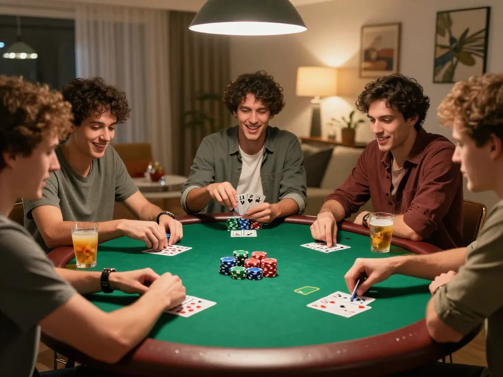 Players strategizing and placing bets in an engaging poker game night at home with UG DEWA focused on fun.