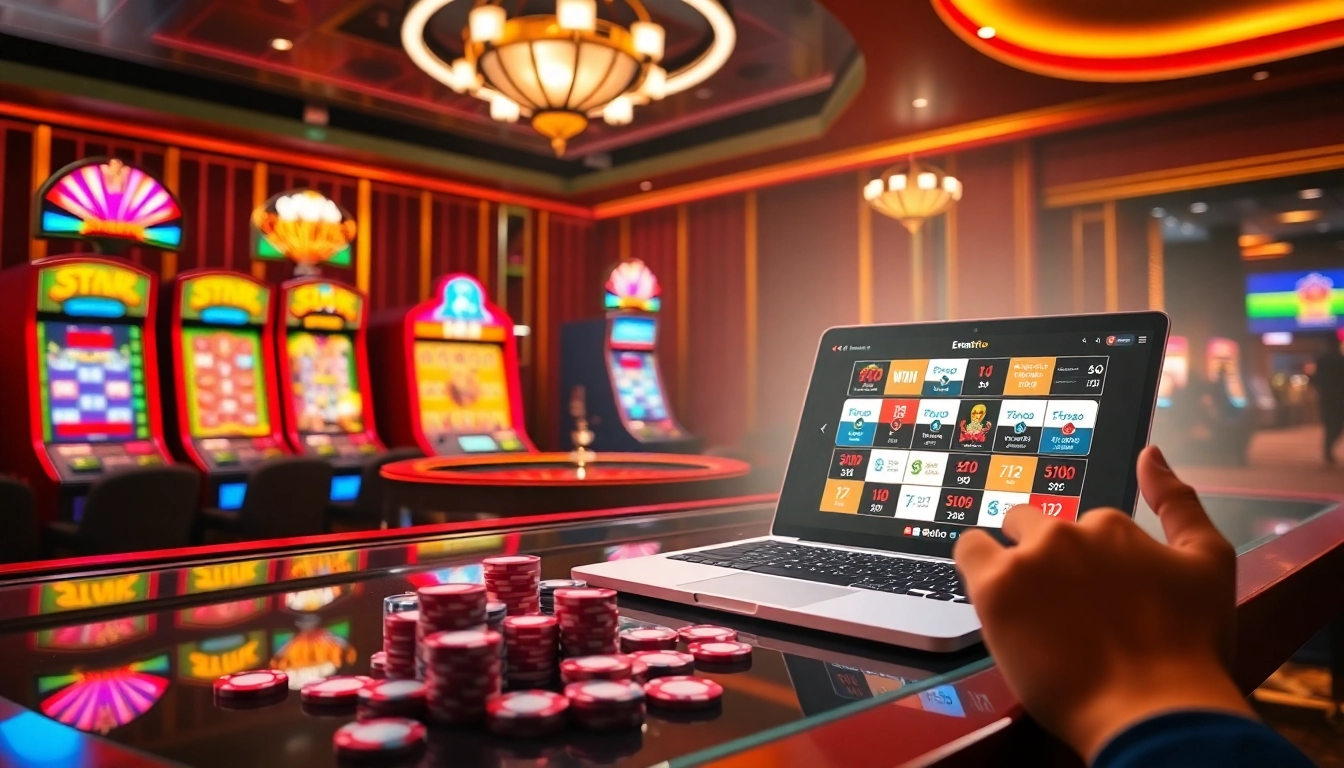 Pemain menikmati permainan slot yang mendebarkan di platform Emastoto dengan visual kasino yang penuh warna.