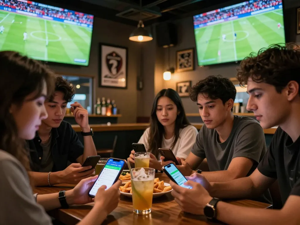 Bongdalu vip app featured in an exciting sports betting scene, with friends cheering for live football.