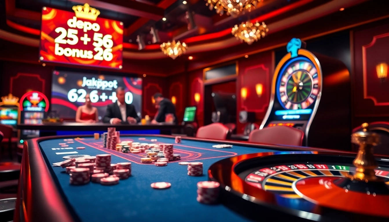 Gambling table featuring the promo depo 25 + bonus 26 amidst colorful chips and cards.